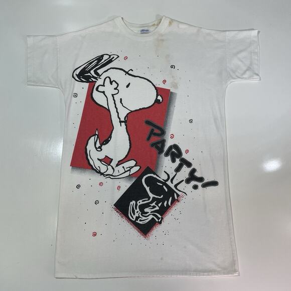 VTG 1985 Flirts Snoopy Woodstock PARTY Single Stitch Stains Oversized T-Shirt XL - Picture 1 of 8